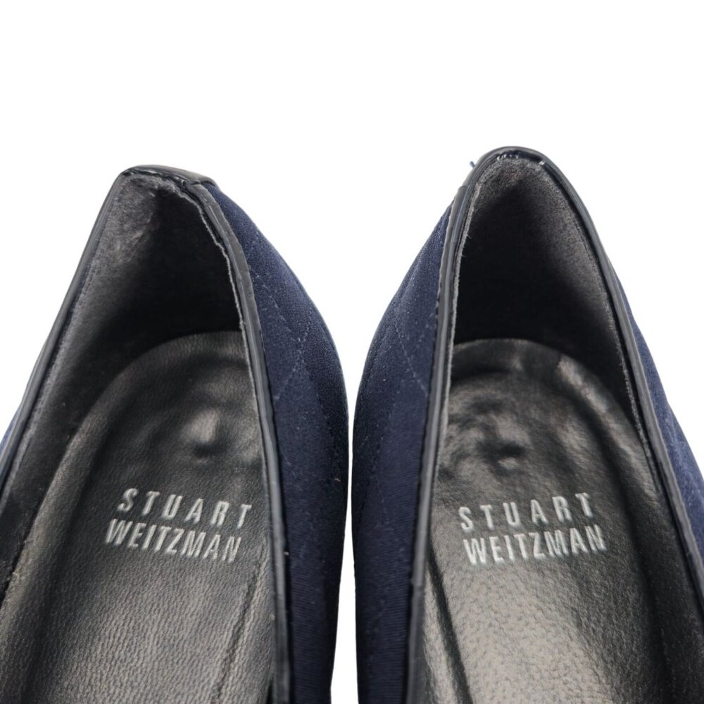 Stuart Weitzman 8.5AAAA Navy Crepe Fabric Black Leather Dress Bow Heels Womens - Picture 8 of 15